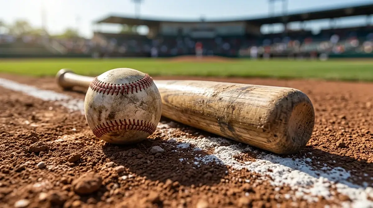 Close-up of a baseball and bat resting on the infield dirt beside a base, representing core MLB bet types for UK punters
