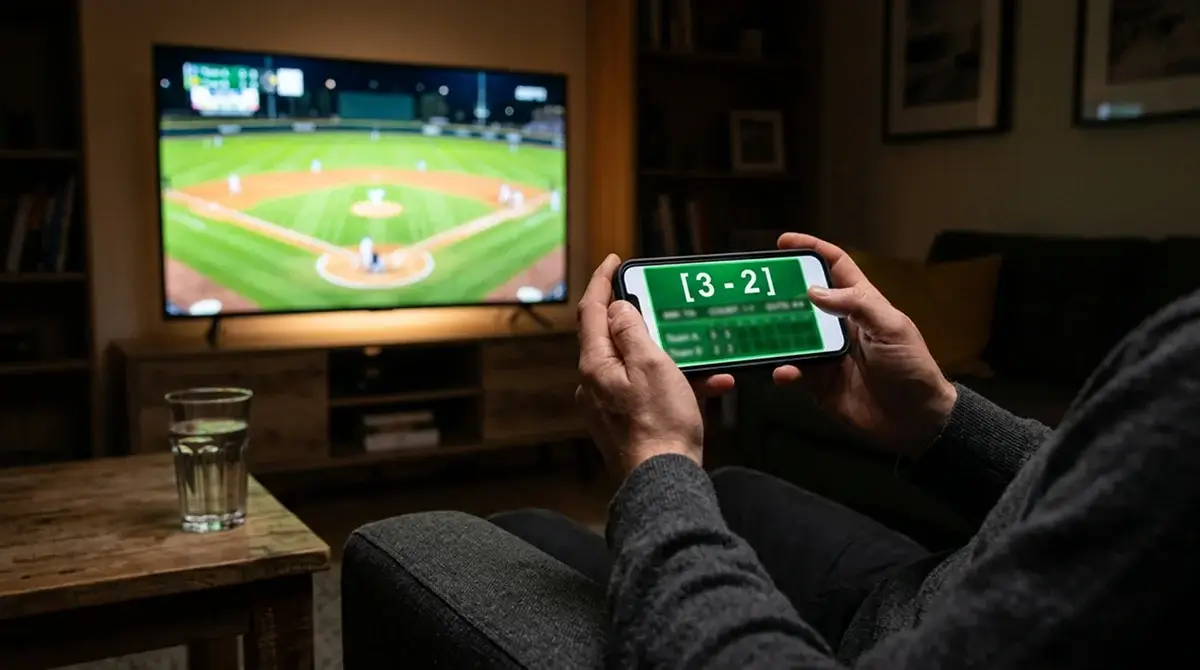 Person holding a smartphone showing live MLB game data while watching baseball on a television screen in the background