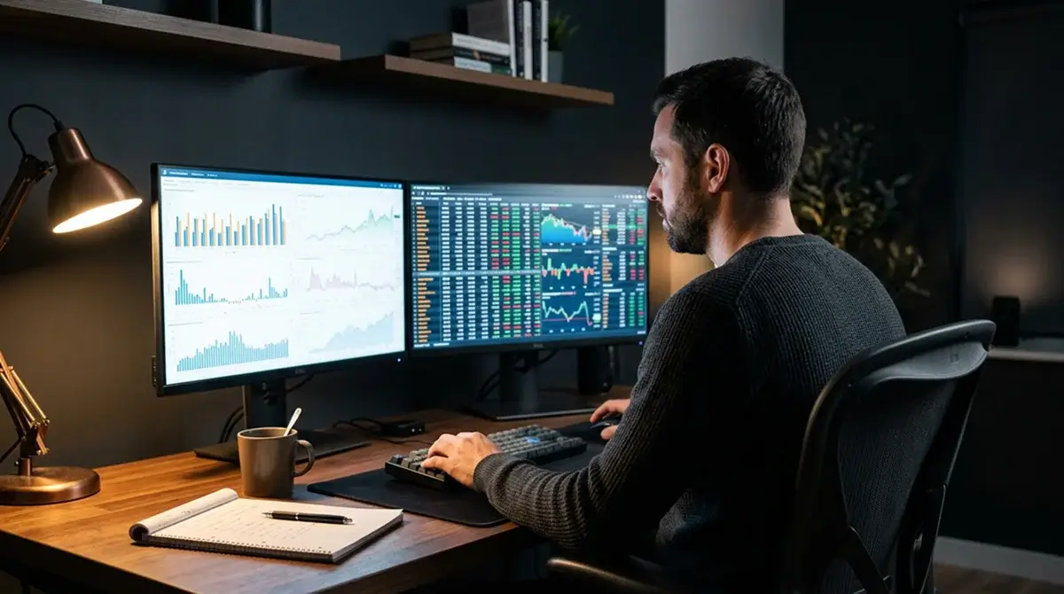 Sports analyst reviewing MLB betting market statistics on multiple monitors in a dimly lit office