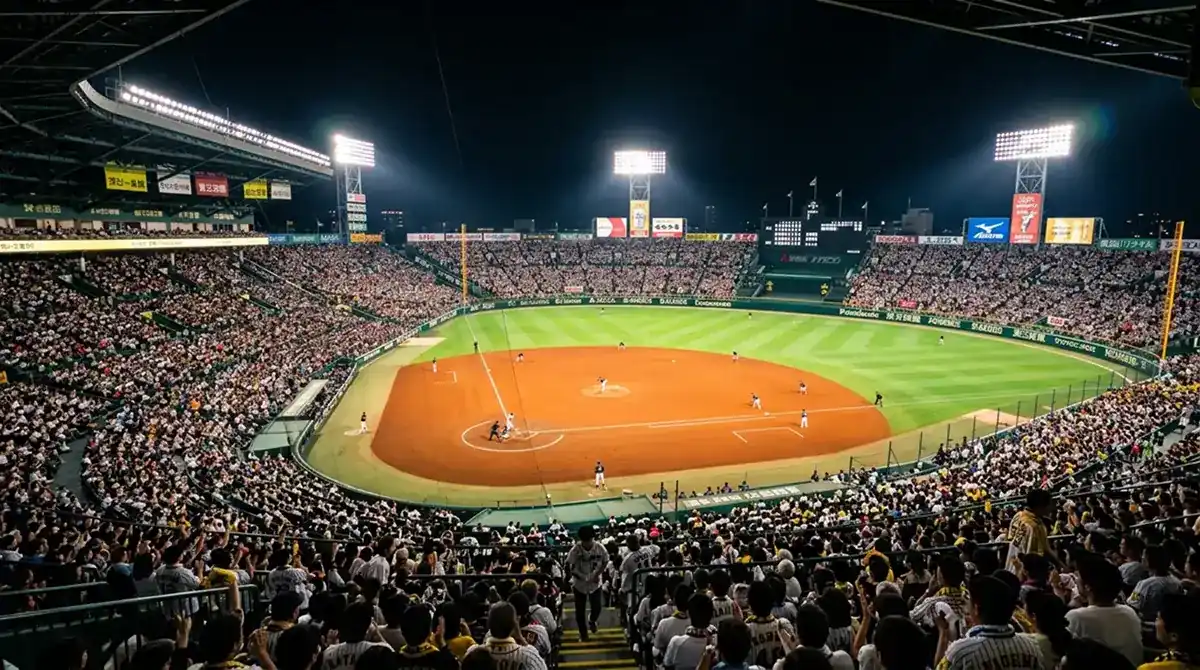 Night game at a Japanese baseball stadium with bright floodlights and packed stands of fans